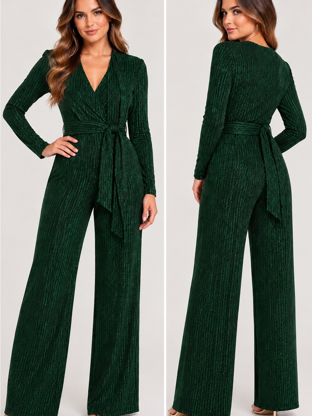 Women’s XL Emerald Green Metallic Sparkle Wide Leg Jumpsuit Long Sleeve Party